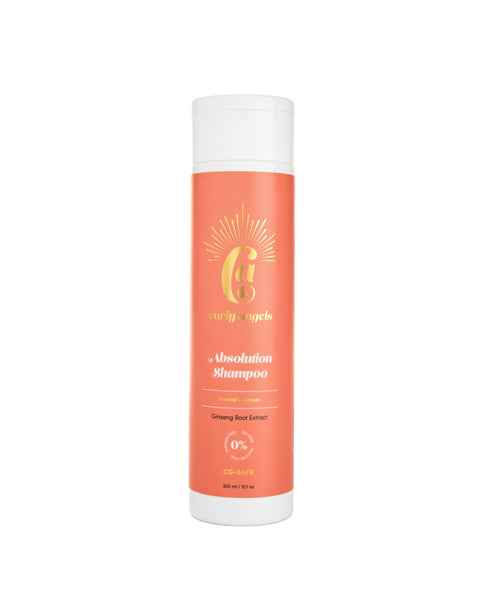 A bottle of vegan Absolution Shampoo by Curly Angels designed to gently and effectively cleanse all curly hair types - sulphates-free and  paraben-free A bottle of vegan Absolution Shampoo by Curly Angels designed to gently and effectively cleanse all curly hair types - sulphates-free and  paraben-free