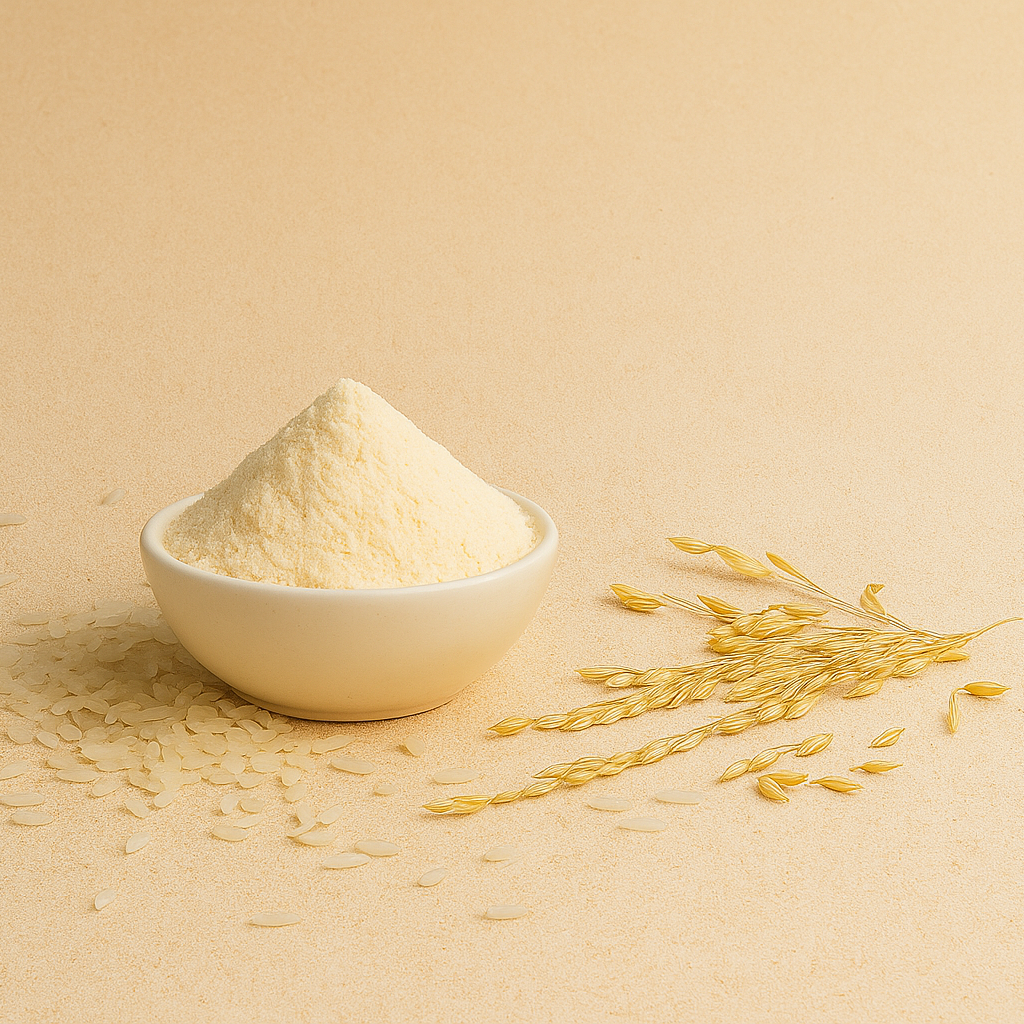 White bowl filled with rice flour on a beige background with scattered rice grains.