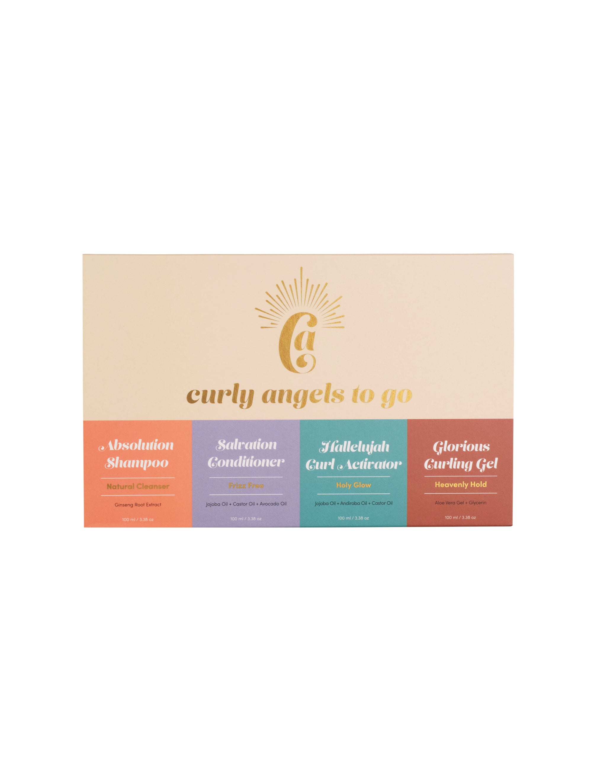 Curly Angels To go Haircare Travel Kit with Mini Absolution Shampoo, Salvation Conditioner, Hallelujah Curl Activator and Glorious Curling Gel