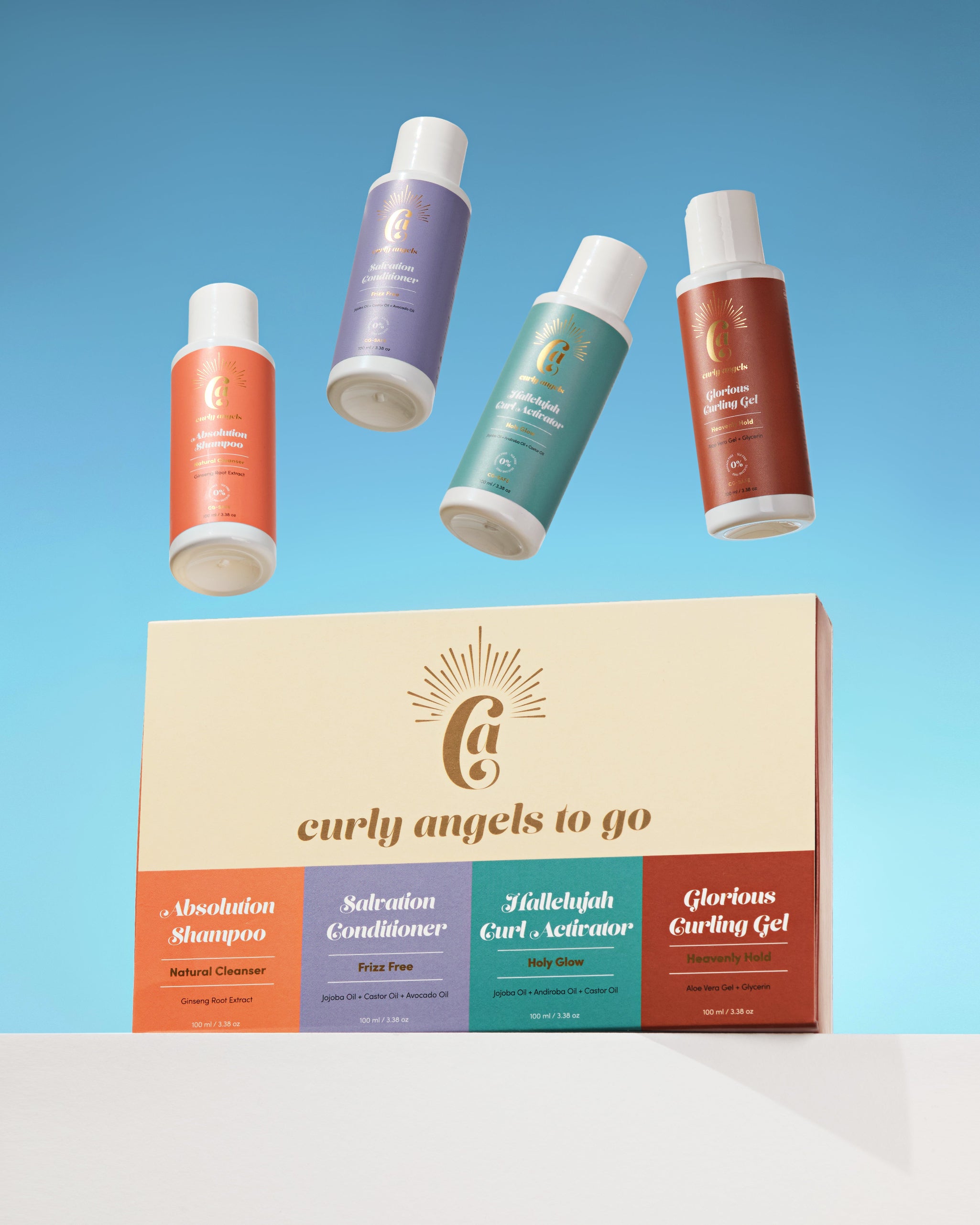 Curly Angels To go Haircare Travel Kit with Mini Absolution Shampoo, Salvation Conditioner, Hallelujah Curl Activator and Glorious Curling Gel