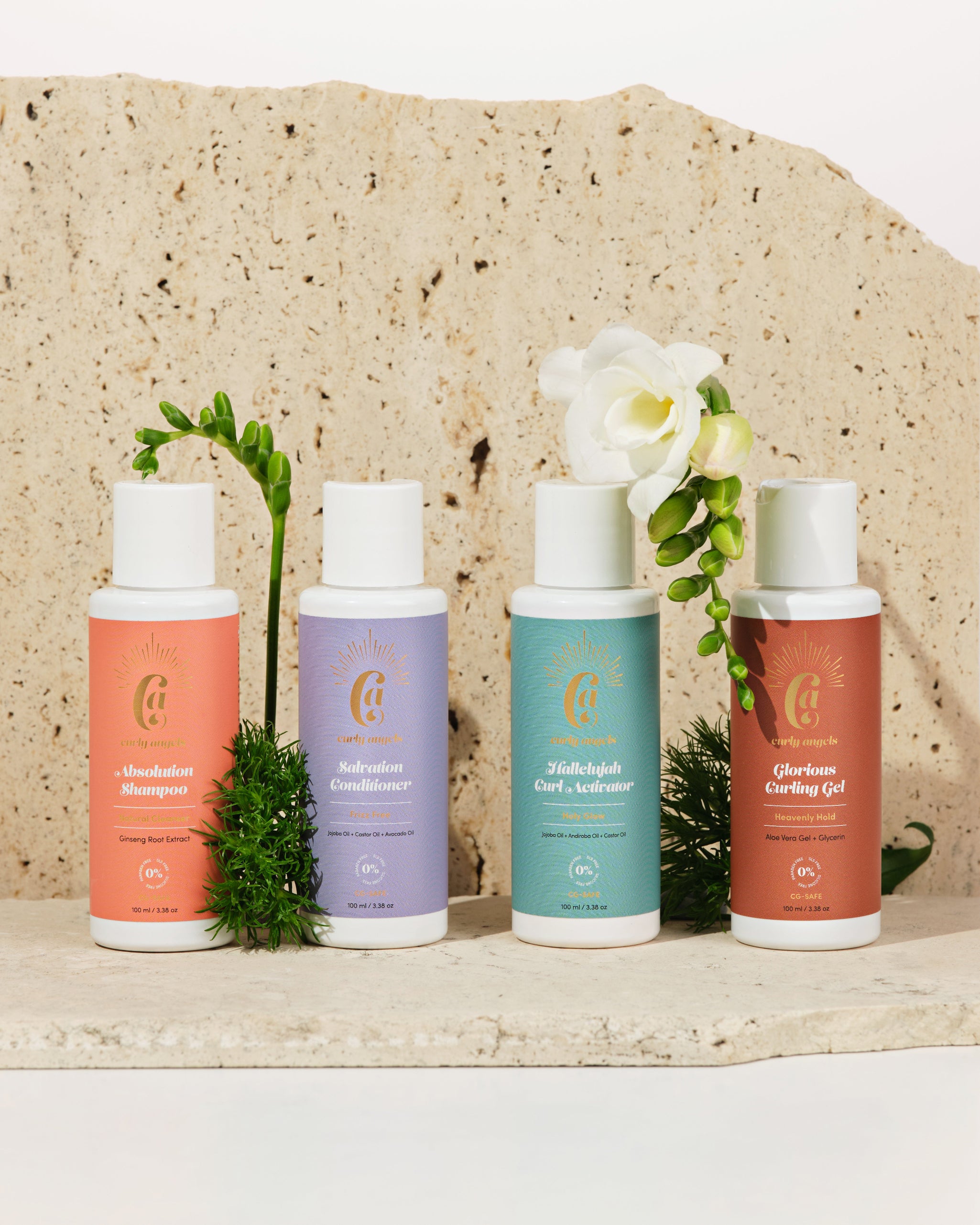 Curly Angels To go Haircare Travel Kit with Mini Absolution Shampoo, Salvation Conditioner, Hallelujah Curl Activator and Glorious Curling Gel