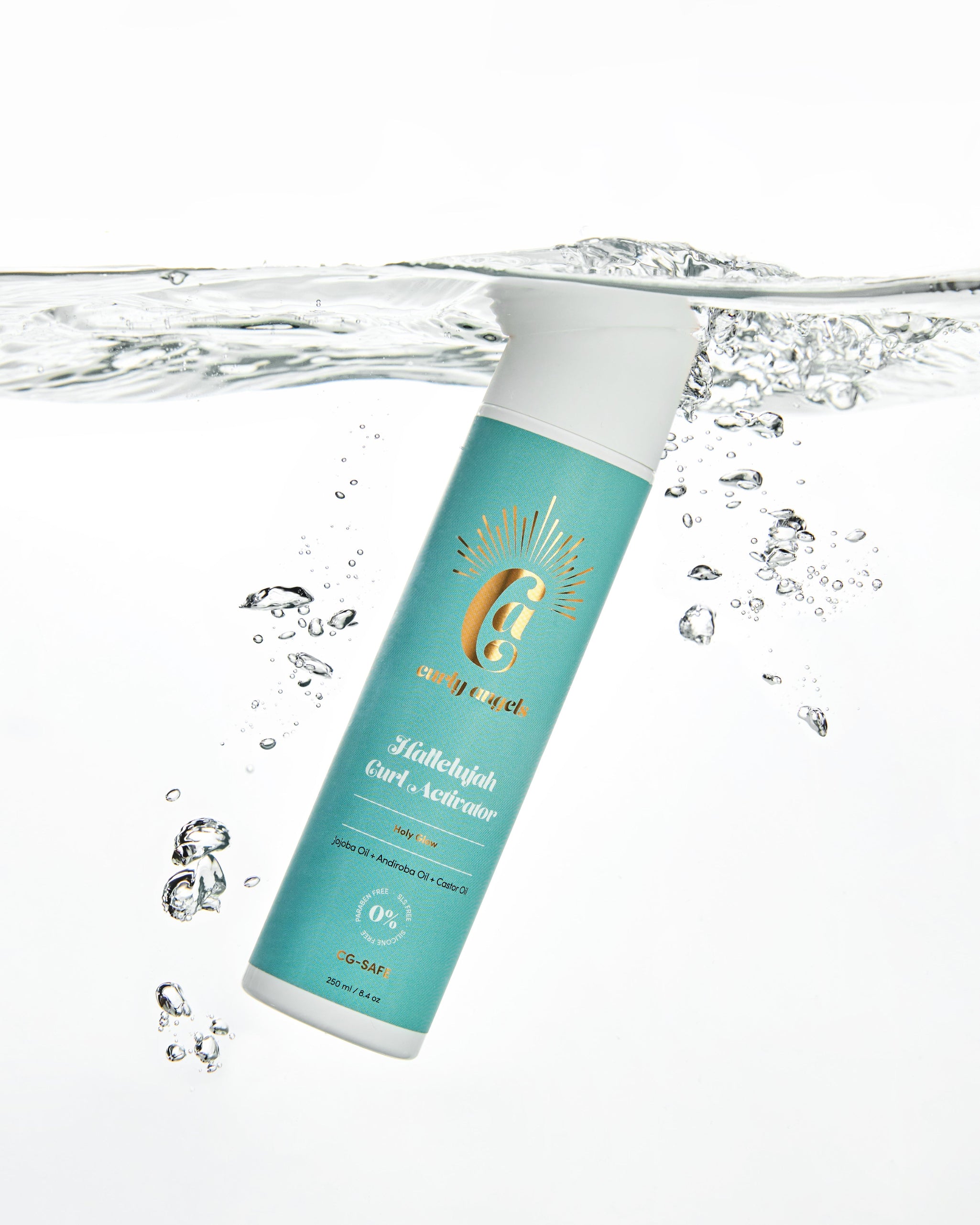A bottle of Curly Angels vegan Hallelujah Curl Activator designed for enhancing and hydrating curls against splashing into water