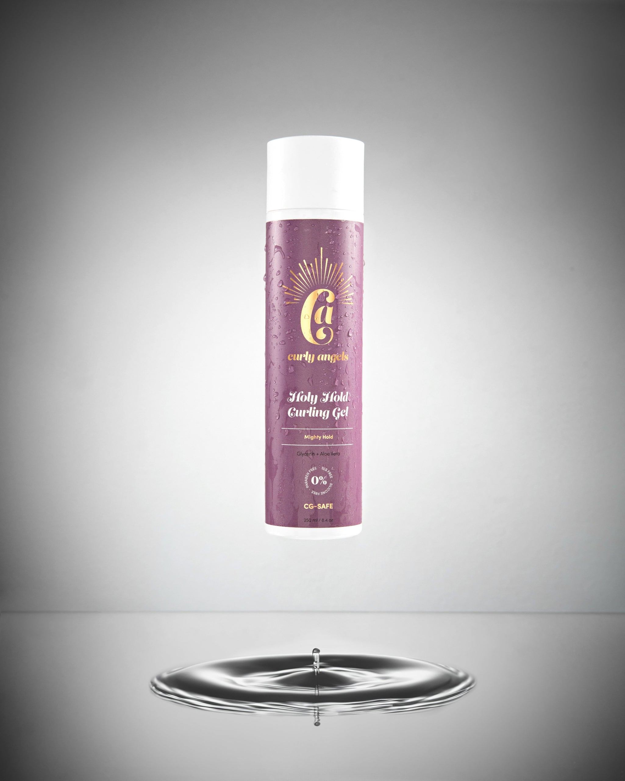 A bottle of Curly Angel vegan Holy Hold Curling Gel with strong hold, floating above water