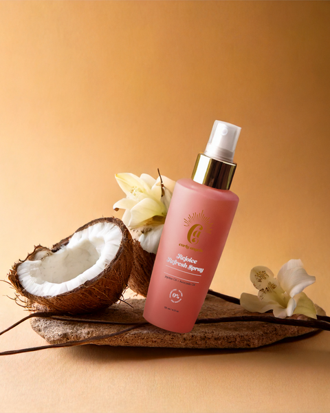 Curly Angels Rejoice Refresh spray 50ml on coconut and orchid arrangement 