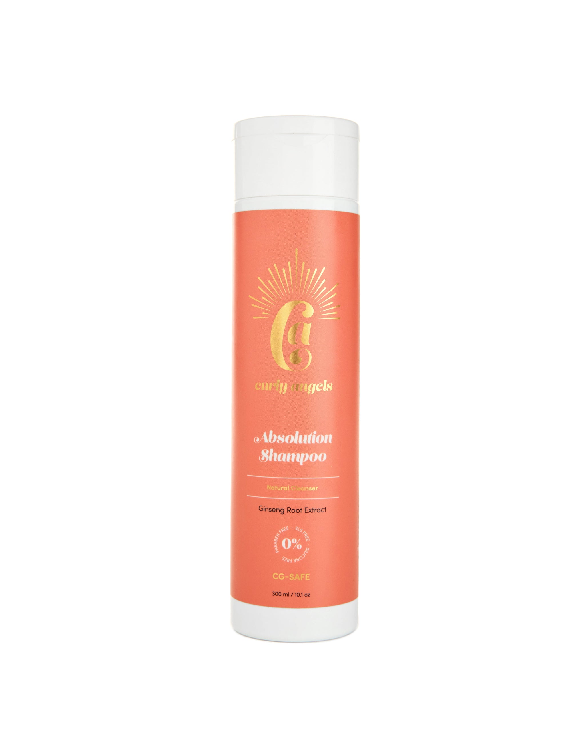 A bottle of vegan Absolution Shampoo by Curly Angels designed to gently and effectively cleanse all curly hair types - sulphates-free and  paraben-free