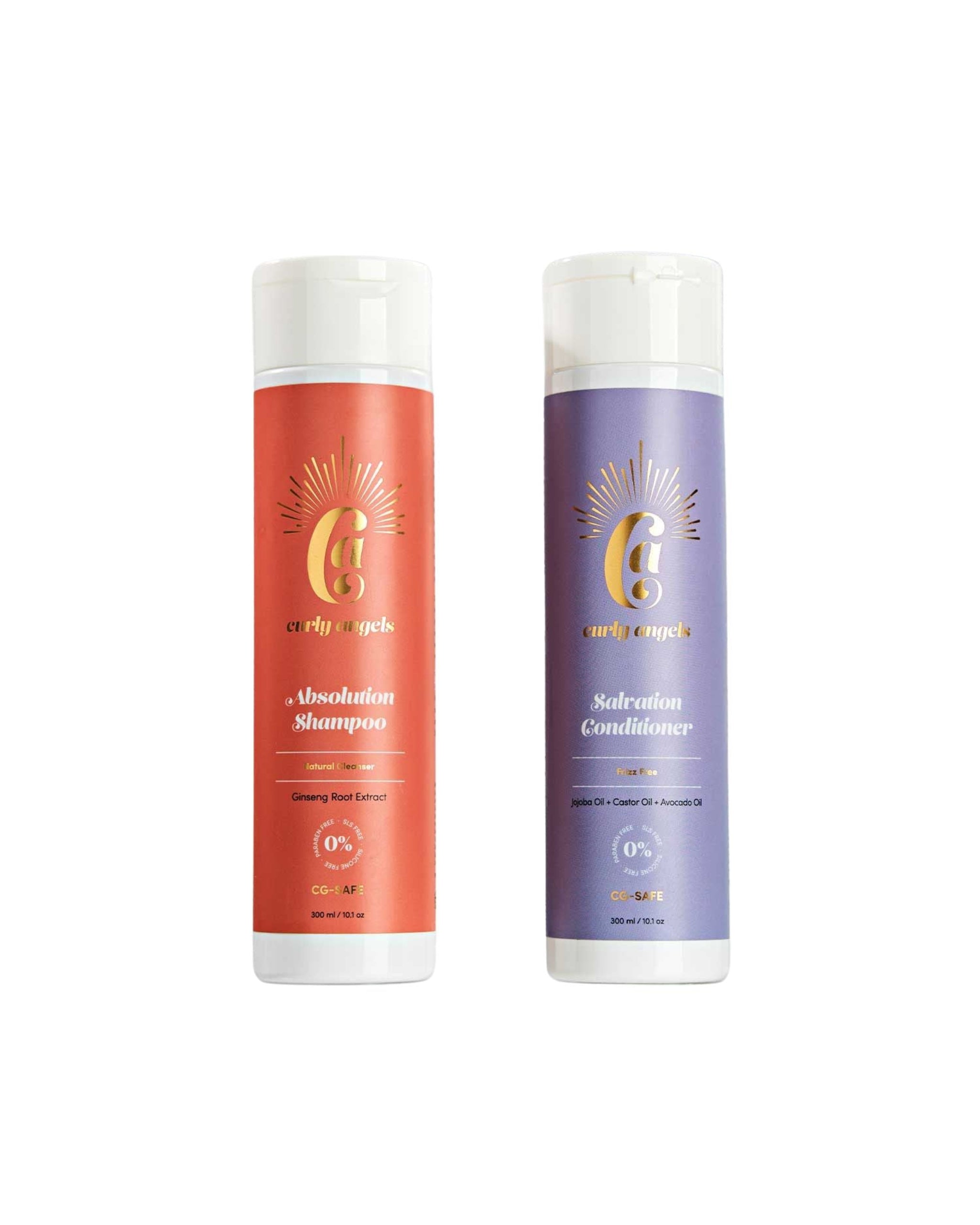Curly Angels vegan Absolution Shampoo & Salvation conditioner on a white background