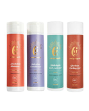 The Curly Angels Collection Set with four bottles hair care products including Absolution Shampoo, Salvation Shampoo, Conditioner, Hallelujah Curl Activator, and Glorious Curling Gel. All products are vegan, paraben-free, sulphate free and suitable for all curl types