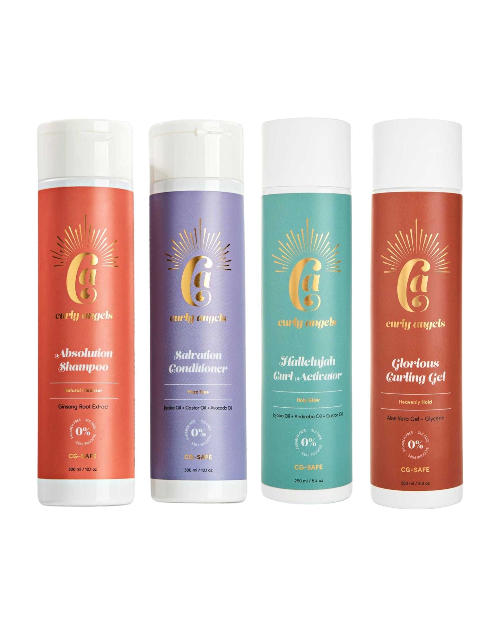 The Curly Angels Collection Set with four bottles hair care products including Absolution Shampoo, Salvation Shampoo, Conditioner, Hallelujah Curl Activator, and Glorious Curling Gel. All products are vegan, paraben-free, sulphate free and suitable for all curl types