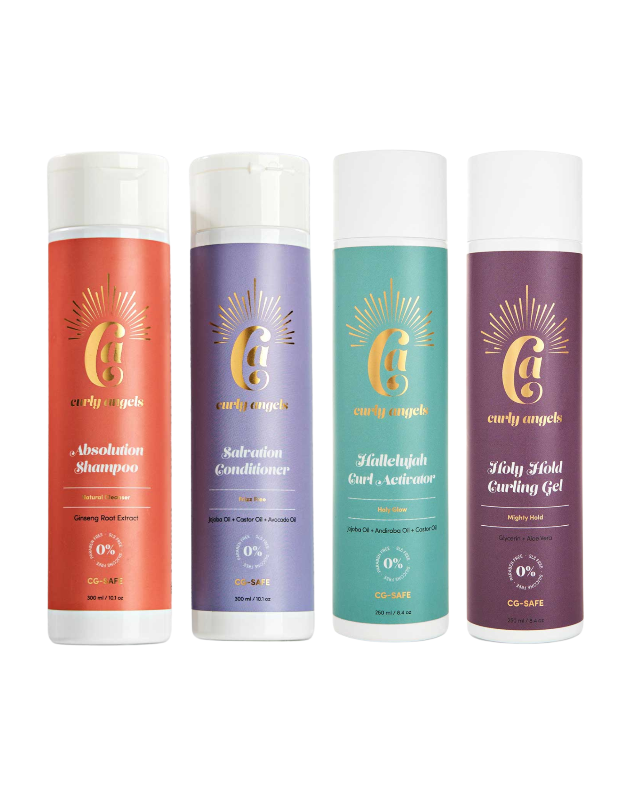 The Curly Angels Strong Hold Set with four bottles hair care products including Absolution Shampoo, Salvation Shampoo, Conditioner, Hallelujah Curl Activator, and Holy Hold Curling gel. All products are vegan, paraben-free, sulphate free and suitable for all curl types