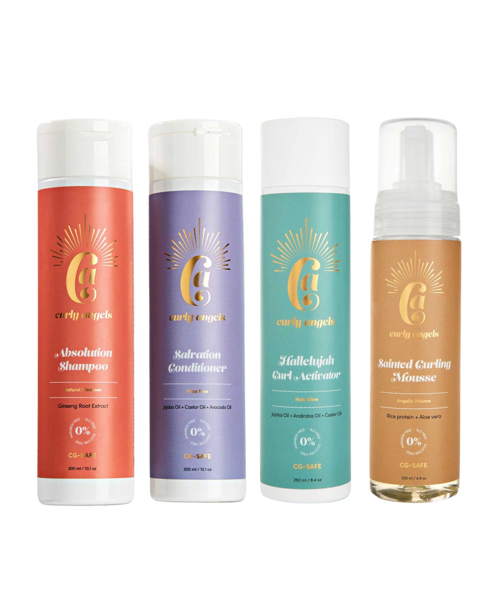 The Curly Angels Weightless Set with four bottles hair care products including Absolution Shampoo, Salvation Shampoo, Conditioner, Hallelujah Curl Activator, and Sainted Curling Mousse. All products are vegan, paraben-free, sulphate free and suitable for all curl types