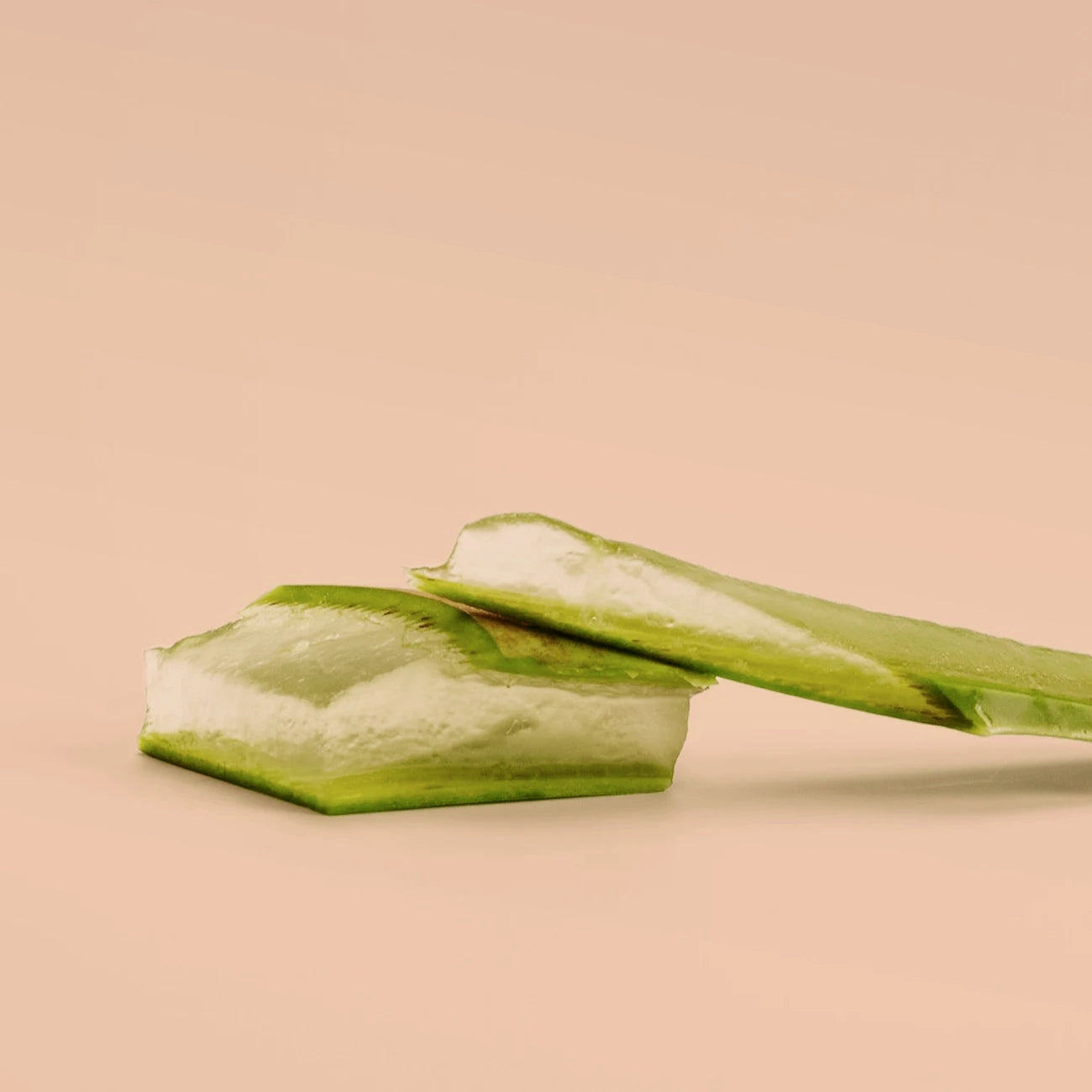 Two pieces of aloe vera on a blush background