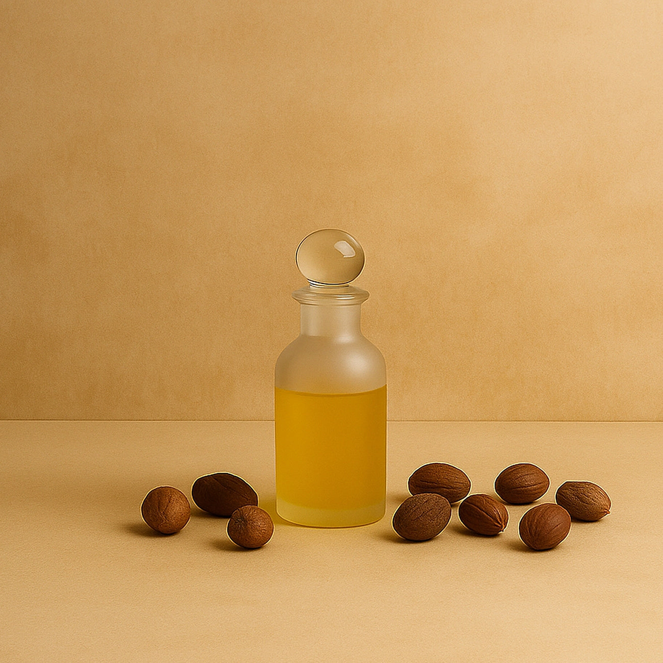 Glass Bottle of jojoba seed oil, with scattered joojoba seeds on a beige background